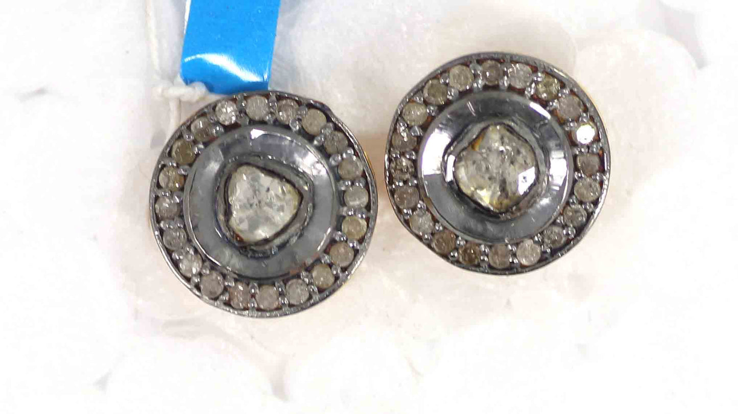 Diamond Silver Earring studs .925 Oxidized Sterling Silver Diamond Earring studs, Genuine handmade pave diamond Earring studs Size (12 MM )