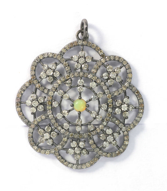 Flower Shape Diamond Pendant .925 Oxidized Sterling Silver Diamond Pendant, Genuine handmade pave diamond Pendant.