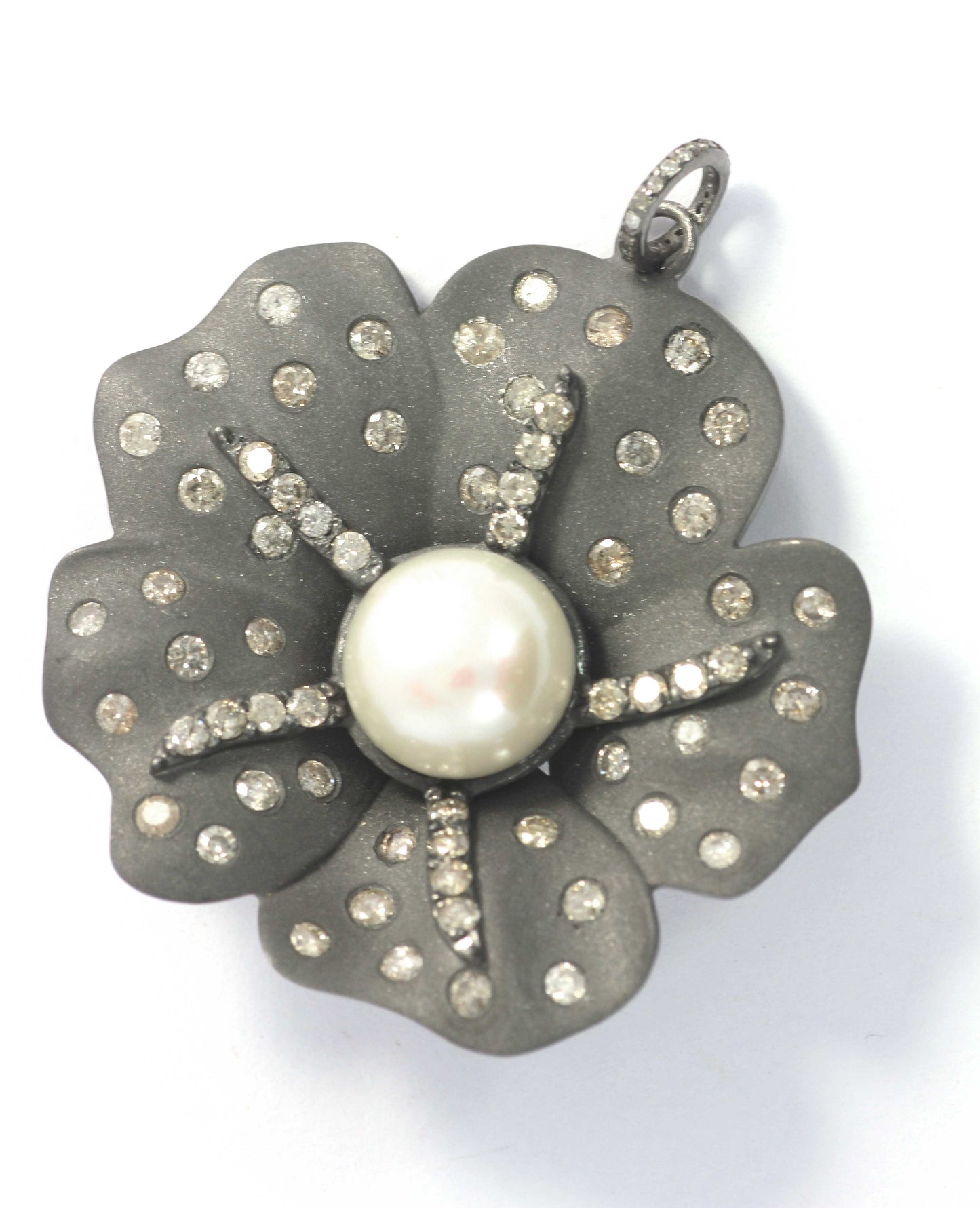 Flower Shape Diamond Pendant .925 Oxidized Sterling Silver Diamond Pendant, Genuine handmade pave diamond Pendant.