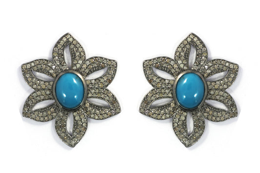 Flower Silver Diamond Earring .925 Oxidized Sterling Silver Diamond Earring, Genuine handmade pave diamond Earring.