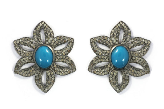 Flower Silver Diamond Earring .925 Oxidized Sterling Silver Diamond Earring, Genuine handmade pave diamond Earring.