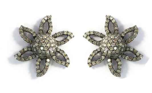 Flower Silver Diamond Earring .925 Oxidized Sterling Silver Diamond Earring, Genuine handmade pave diamond Earring.