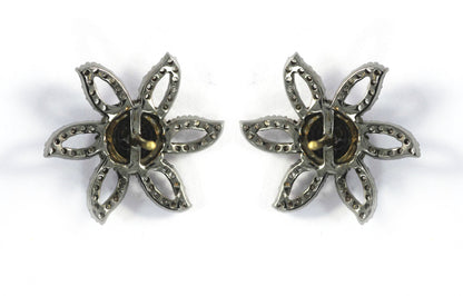 Flower Silver Diamond Earring .925 Oxidized Sterling Silver Diamond Earring, Genuine handmade pave diamond Earring.