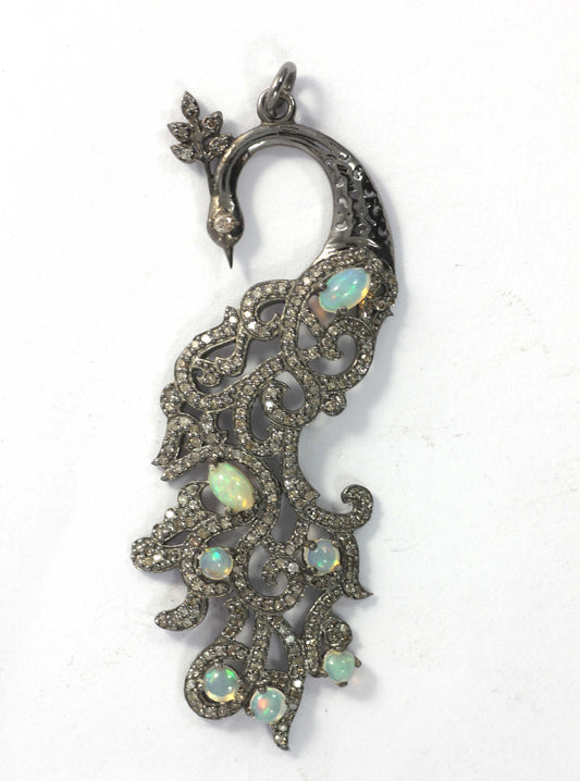 Peacock Diamond Pendant .925 Oxidized Sterling Silver Diamond Pendant, Genuine handmade pave diamond Pendant.