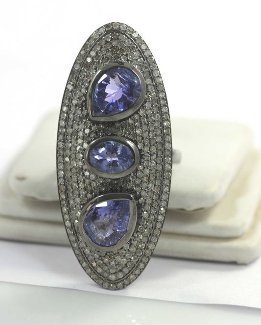 Silver Pave Diamond Ring .925 Oxidized Sterling Silver Diamond Ring, Genuine handmade pave diamond Ring .