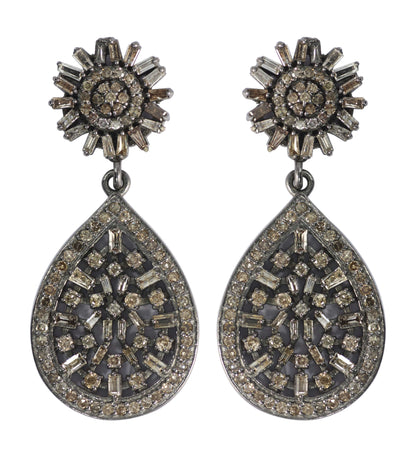 Silver Diamond Earring .925 Oxidized Sterling Silver Diamond Earring, Genuine handmade pave diamond Earring.