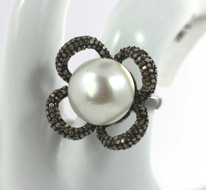 Flower Shape Silver Pave Diamond Ring .925 Oxidized Sterling Silver Diamond Ring, Genuine handmade pave diamond Ring.