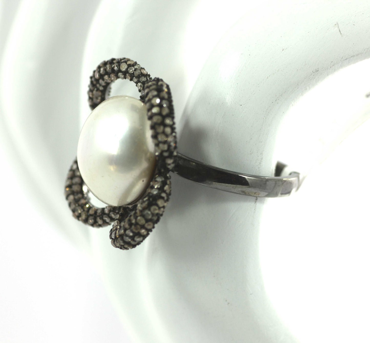 Flower Shape Silver Pave Diamond Ring .925 Oxidized Sterling Silver Diamond Ring, Genuine handmade pave diamond Ring.