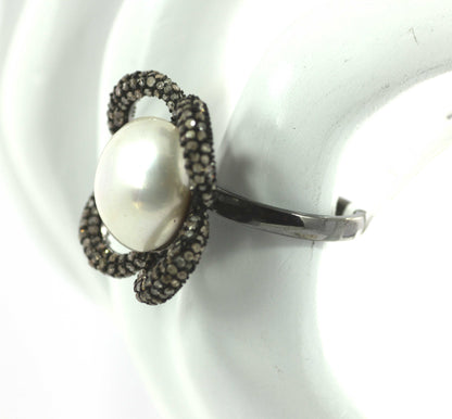 Flower Shape Silver Pave Diamond Ring .925 Oxidized Sterling Silver Diamond Ring, Genuine handmade pave diamond Ring.