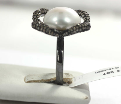 Flower Shape Silver Pave Diamond Ring .925 Oxidized Sterling Silver Diamond Ring, Genuine handmade pave diamond Ring.