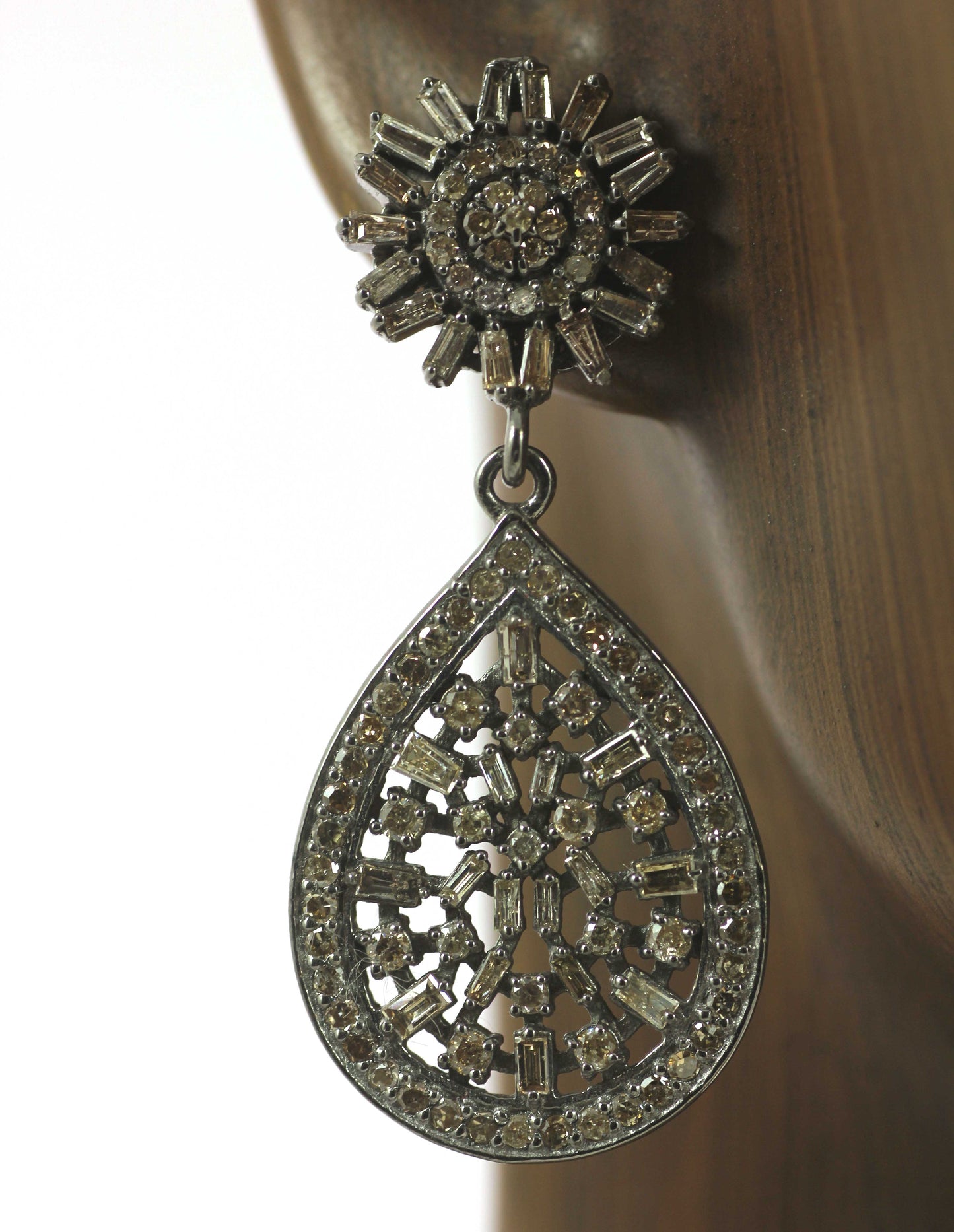 Silver Diamond Earring .925 Oxidized Sterling Silver Diamond Earring, Genuine handmade pave diamond Earring.