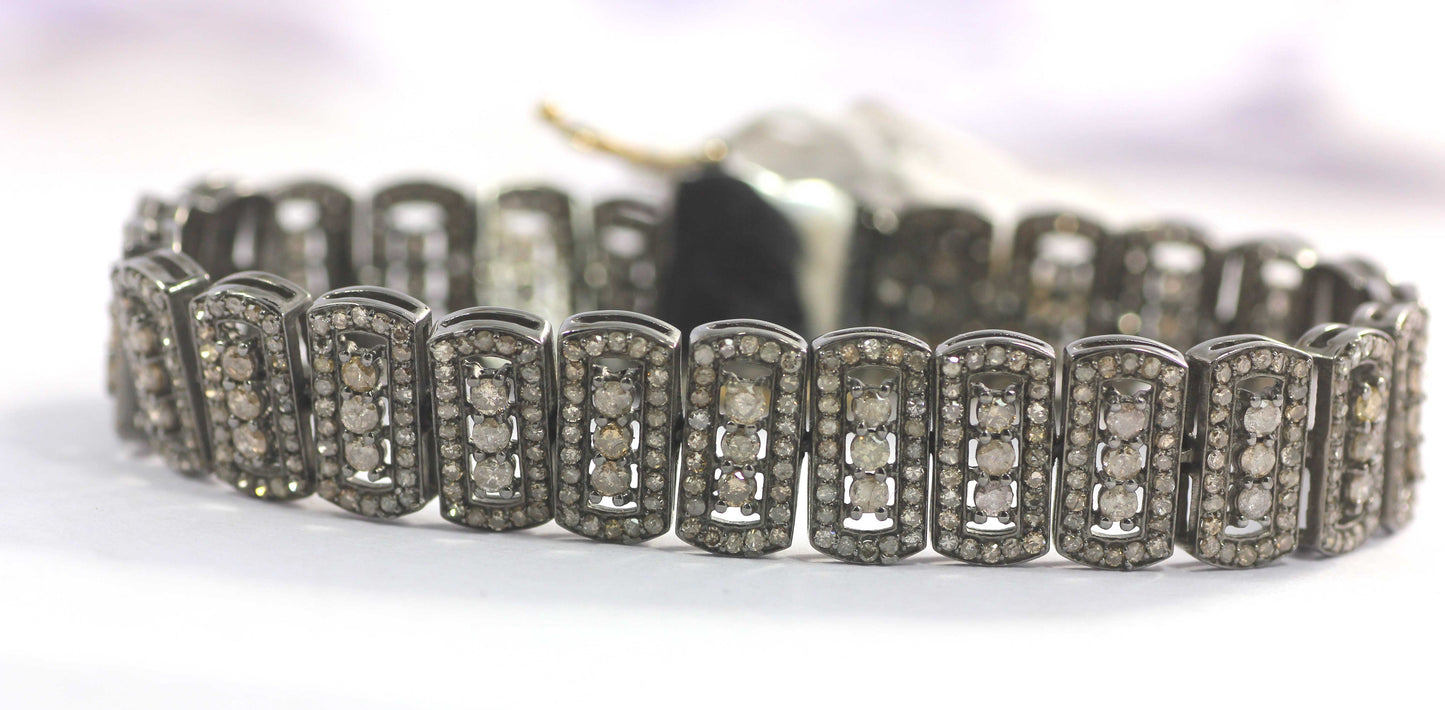 Diamond Silver Bracelet .925 Oxidized Sterling Silver Diamond Bracelet, Genuine handmade pave diamond Bracelet.