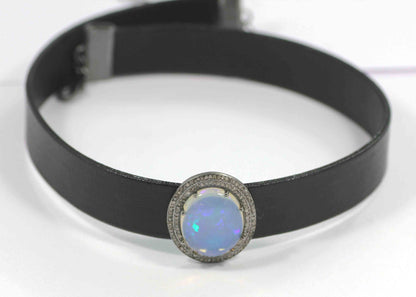 Leather Choker Necklaces With Pave Diamond. 925 Oxidized Sterling Silver Diamond necklaces, Genuine handmade pave diamond necklaces. Size