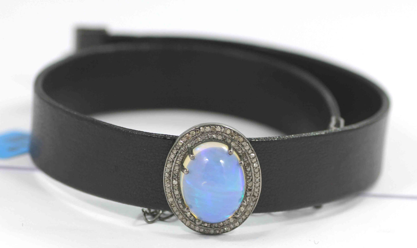 Oval Shape Leather Choker Necklaces With Pave Diamond. 925 Oxidized Sterling Silver Diamond necklaces, Genuine handmade pave diamond necklaces.