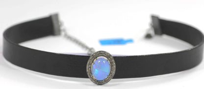 Oval Shape Leather Choker Necklaces With Pave Diamond. 925 Oxidized Sterling Silver Diamond necklaces, Genuine handmade pave diamond necklaces.