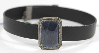 Rectangle Shape Leather Choker Necklaces With Pave Diamond. 925 Oxidized Sterling Silver Diamond necklaces, Genuine handmade pave diamond necklaces.