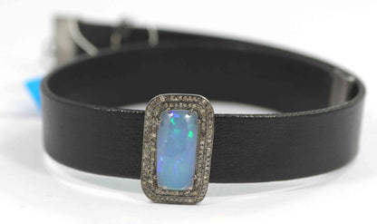 Rectangle Shape Leather Choker Necklaces With Pave Diamond. 925 Oxidized Sterling Silver Diamond necklaces, Genuine handmade pave diamond necklaces.