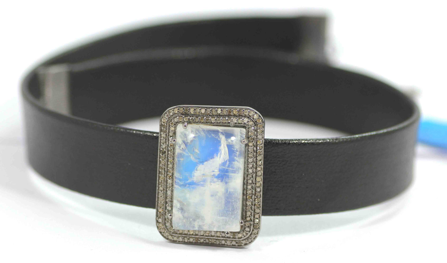 Leather Choker Necklaces With Pave Diamond. 925 Oxidized Sterling Silver Diamond necklaces, Genuine handmade pave diamond necklaces.