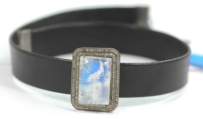 Leather Choker Necklaces With Pave Diamond. 925 Oxidized Sterling Silver Diamond necklaces, Genuine handmade pave diamond necklaces.