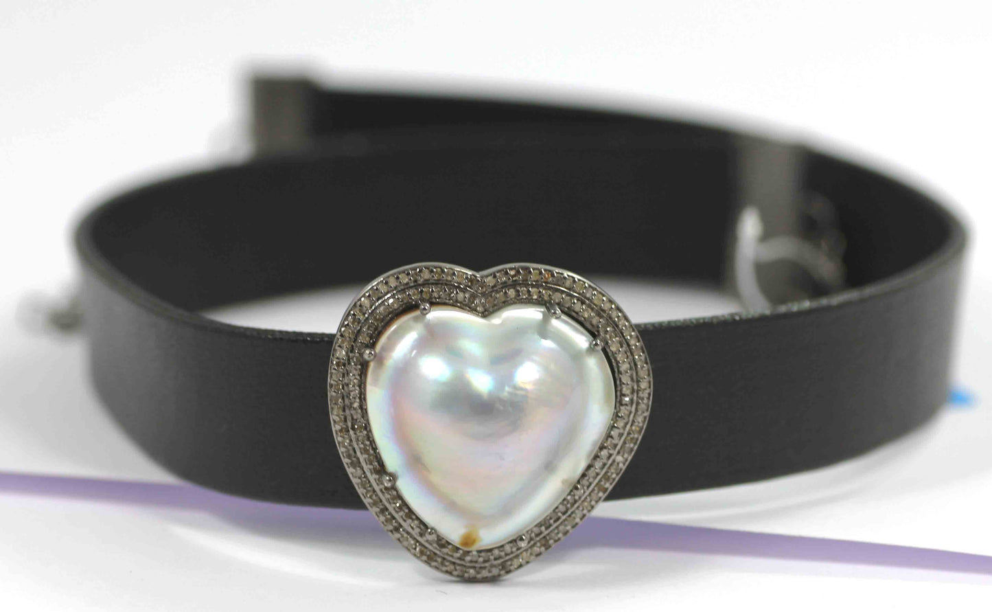Leather Choker Necklaces With Pave Diamond. 925 Oxidized Sterling Silver Diamond necklaces, Genuine handmade pave diamond necklaces.