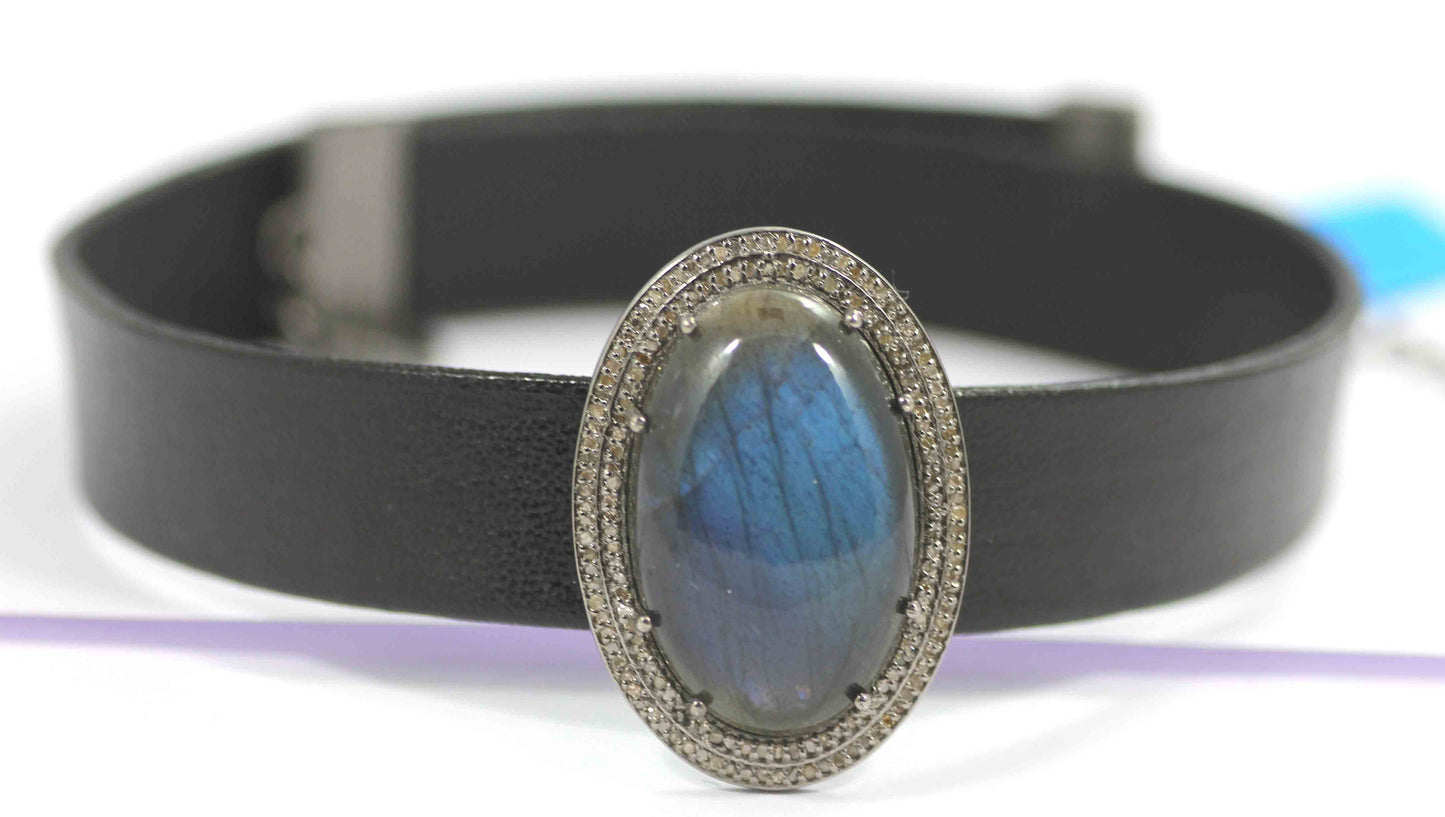Leather Choker Necklaces With Pave Diamond. 925 Oxidized Sterling Silver Diamond necklaces, Genuine handmade pave diamond necklaces. Size