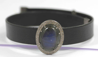 Leather Choker Necklaces With Pave Diamond. 925 Oxidized Sterling Silver Diamond necklaces, Genuine handmade pave diamond necklaces.