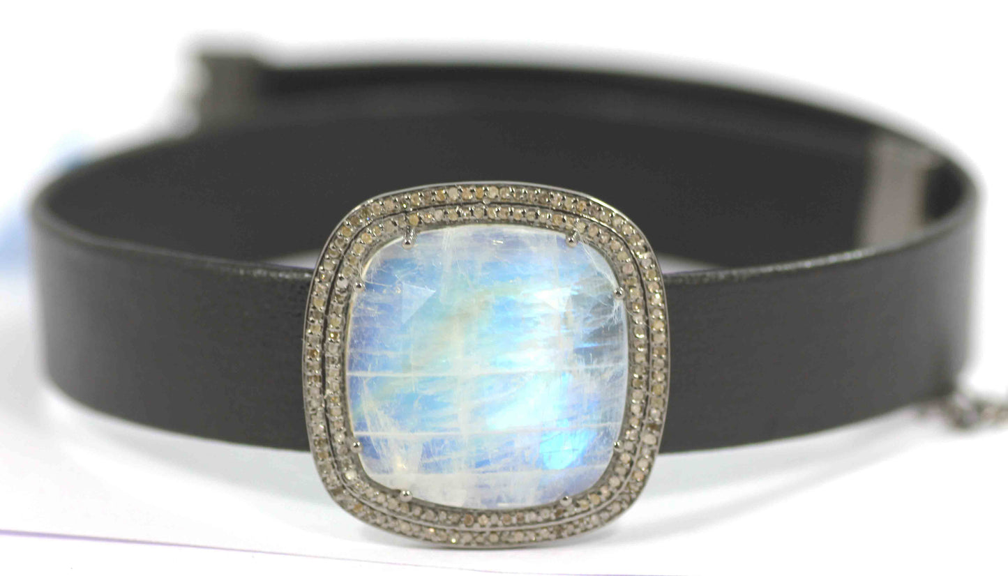 Leather Choker Necklaces With Pave Diamond. 925 Oxidized Sterling Silver Diamond necklaces, Genuine handmade pave diamond necklaces.