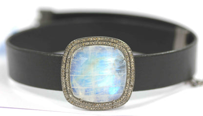 Leather Choker Necklaces With Pave Diamond. 925 Oxidized Sterling Silver Diamond necklaces, Genuine handmade pave diamond necklaces.