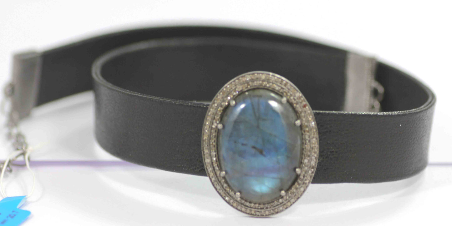 Leather Choker Necklaces With Pave Diamond. 925 Oxidized Sterling Silver Diamond necklaces, Genuine handmade pave diamond necklaces.