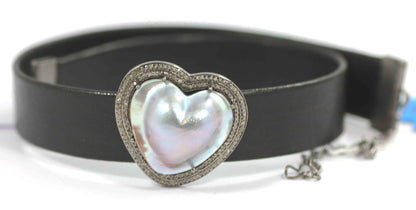 Heart Shape Leather Choker Necklaces With Pave Diamond. 925 Oxidized Sterling Silver Diamond necklaces, Genuine handmade pave diamond necklaces.