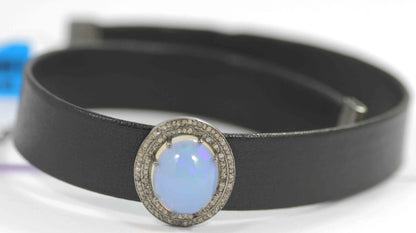 Oval Shape Leather Choker Necklaces With Pave Diamond. 925 Oxidized Sterling Silver Diamond necklaces, Genuine handmade pave diamond necklaces.