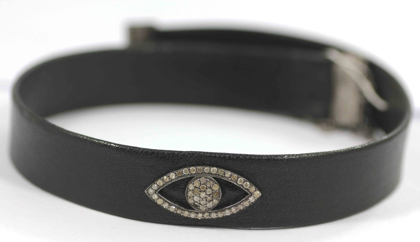 Evil Eye Leather Choker Necklaces With Pave Diamond. 925 Oxidized Sterling Silver Diamond necklaces, Genuine handmade pave diamond necklaces.