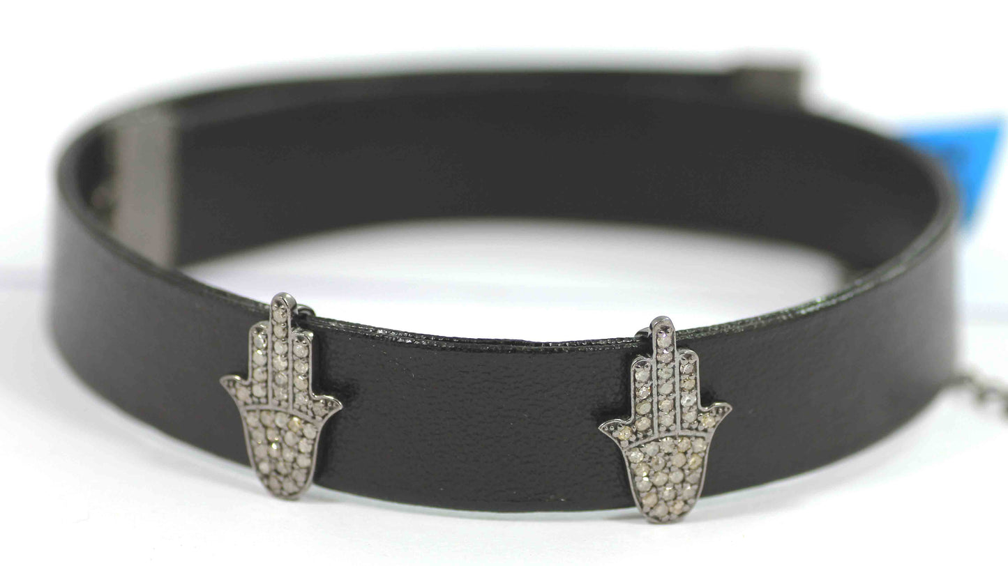 Hamsa Hand Shape Leather Choker Necklaces With Pave Diamond. 925 Oxidized Sterling Silver Diamond necklaces, Genuine handmade pave diamond necklaces.