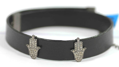 Hamsa Hand Shape Leather Choker Necklaces With Pave Diamond. 925 Oxidized Sterling Silver Diamond necklaces, Genuine handmade pave diamond necklaces.