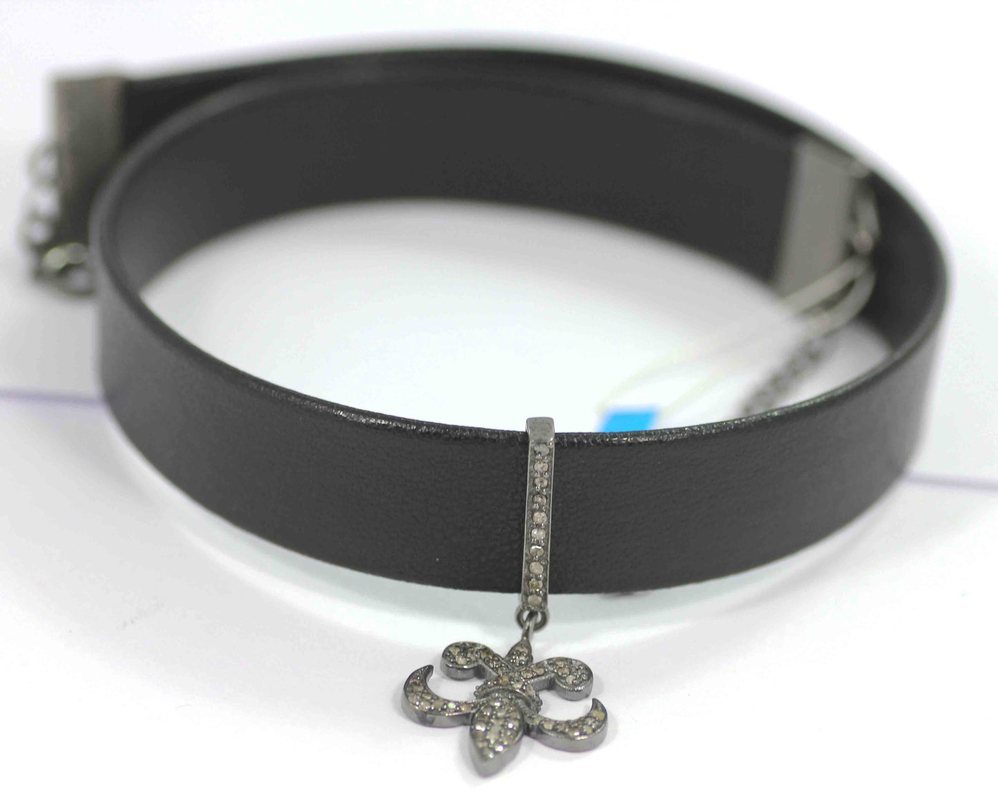 Fleur Di Lis Shape Leather Choker Necklaces With Pave Diamond. 925 Oxidized Sterling Silver Diamond necklaces, Genuine handmade pave diamond necklaces.