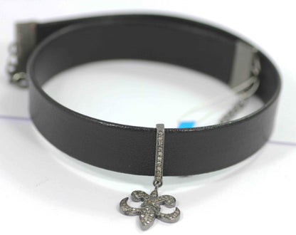 Fleur Di Lis Shape Leather Choker Necklaces With Pave Diamond. 925 Oxidized Sterling Silver Diamond necklaces, Genuine handmade pave diamond necklaces.