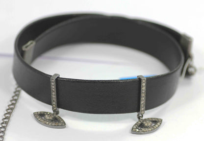 Evil Eye Leather Choker Necklaces With Pave Diamond. 925 Oxidized Sterling Silver Diamond necklaces, Genuine handmade pave diamond necklaces.