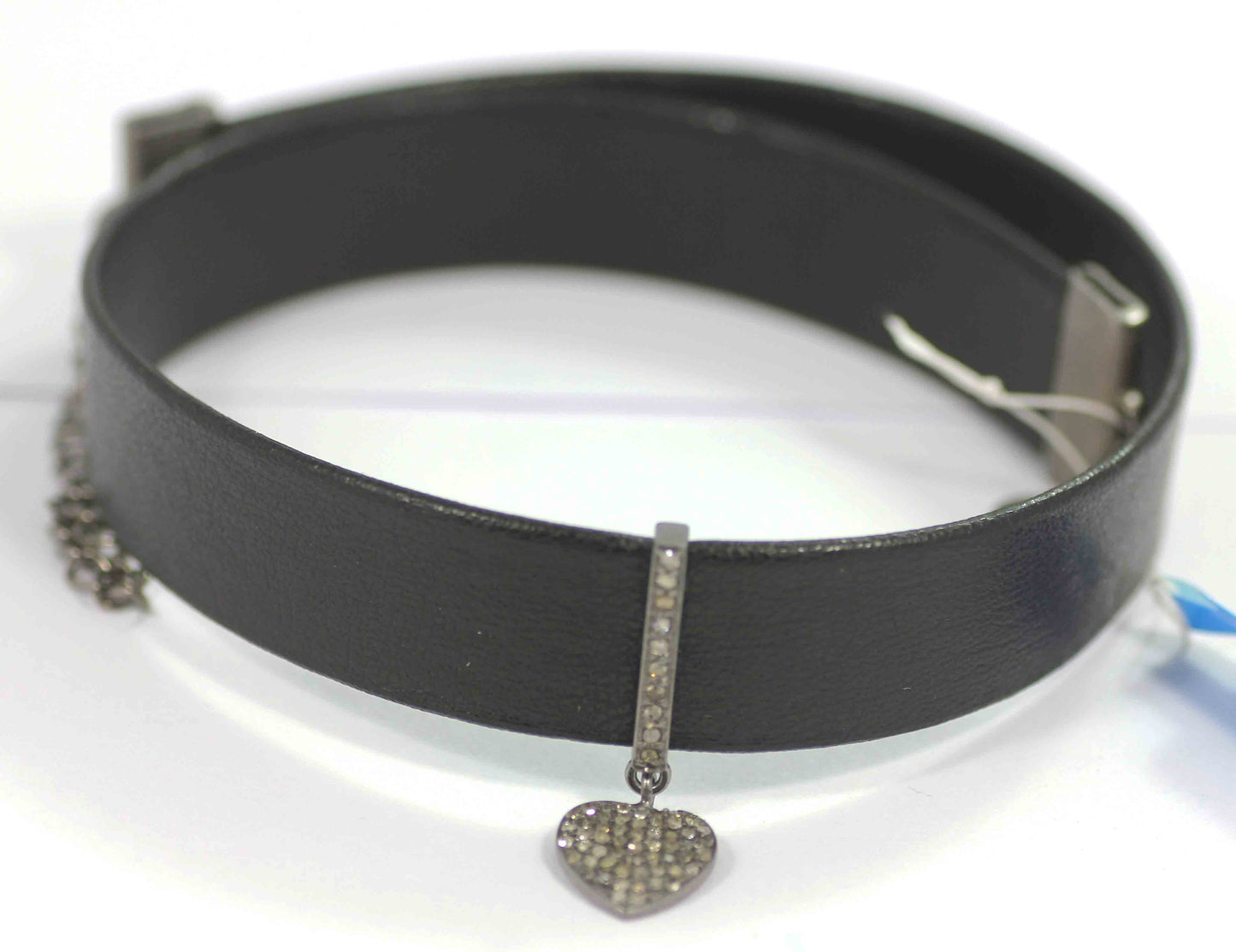 Heart Shape Leather Choker Necklaces With Pave Diamond. 925 Oxidized Sterling Silver Diamond necklaces, Genuine handmade pave diamond necklaces.