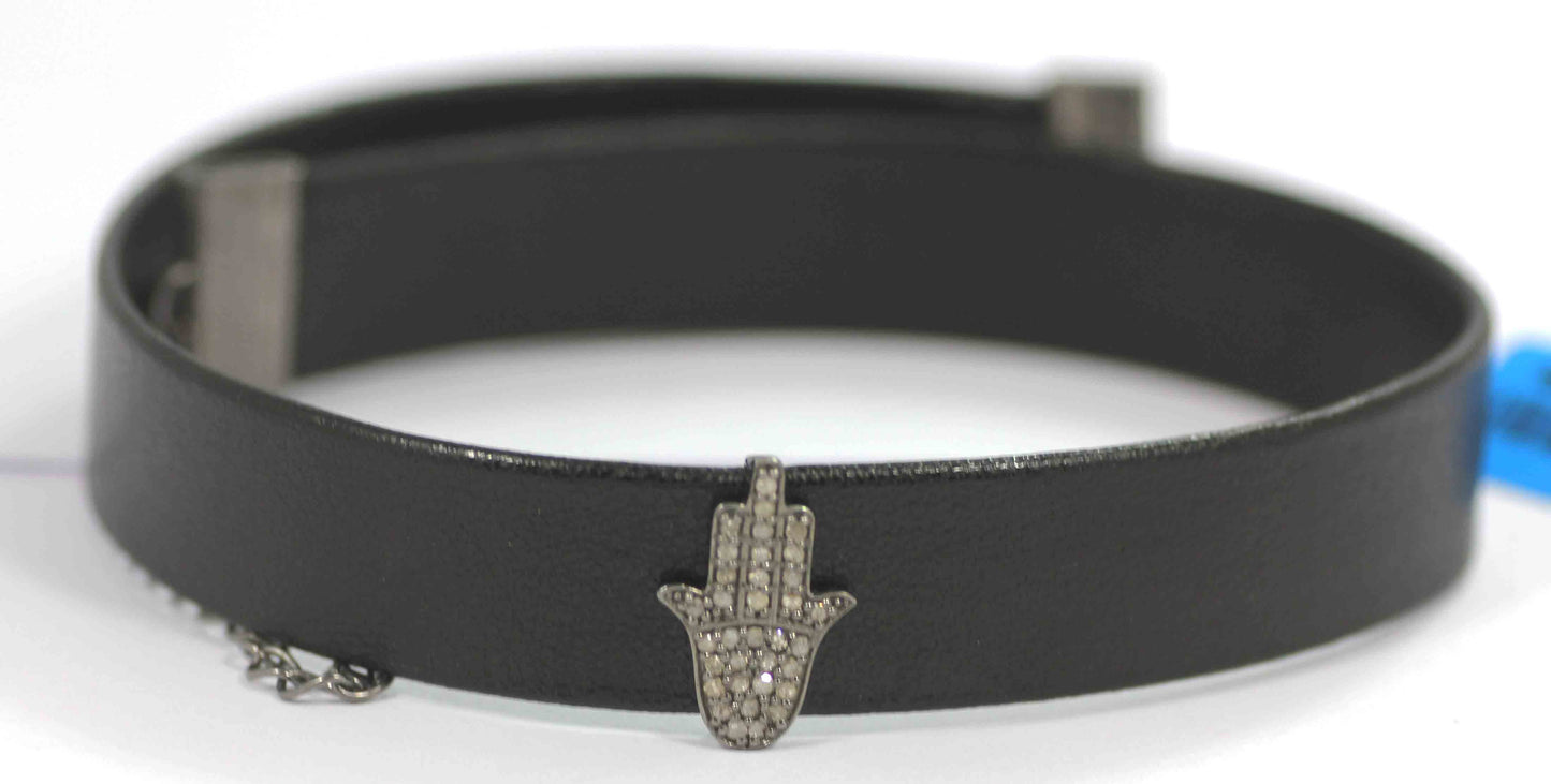 Hamsa Hand Shape Leather Choker Necklaces With Pave Diamond. 925 Oxidized Sterling Silver Diamond necklaces, Genuine handmade pave diamond necklaces.