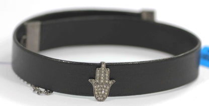 Hamsa Hand Shape Leather Choker Necklaces With Pave Diamond. 925 Oxidized Sterling Silver Diamond necklaces, Genuine handmade pave diamond necklaces.