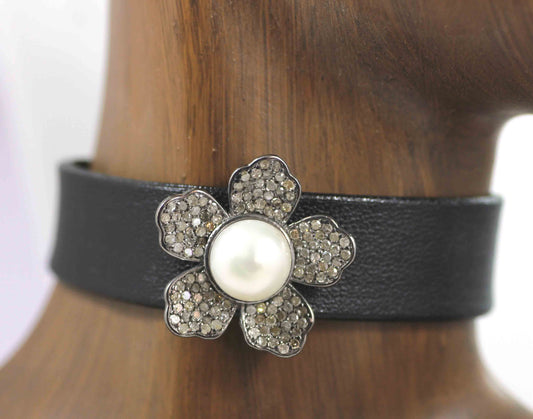 Flower Shape Leather Choker Necklaces With Pave Diamond. 925 Oxidized Sterling Silver Diamond necklaces, Genuine handmade pave diamond necklaces.