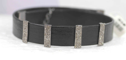 Leather Choker Necklaces With Pave Diamond. 925 Oxidized Sterling Silver Diamond necklaces, Genuine handmade pave diamond necklaces.