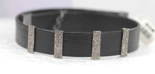 Leather Choker Necklaces With Pave Diamond. 925 Oxidized Sterling Silver Diamond necklaces, Genuine handmade pave diamond necklaces.