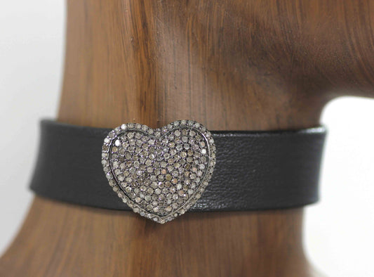 Heart Shape Leather Choker Necklaces With Pave Diamond. 925 Oxidized Sterling Silver Diamond necklaces, Genuine handmade pave diamond necklaces.