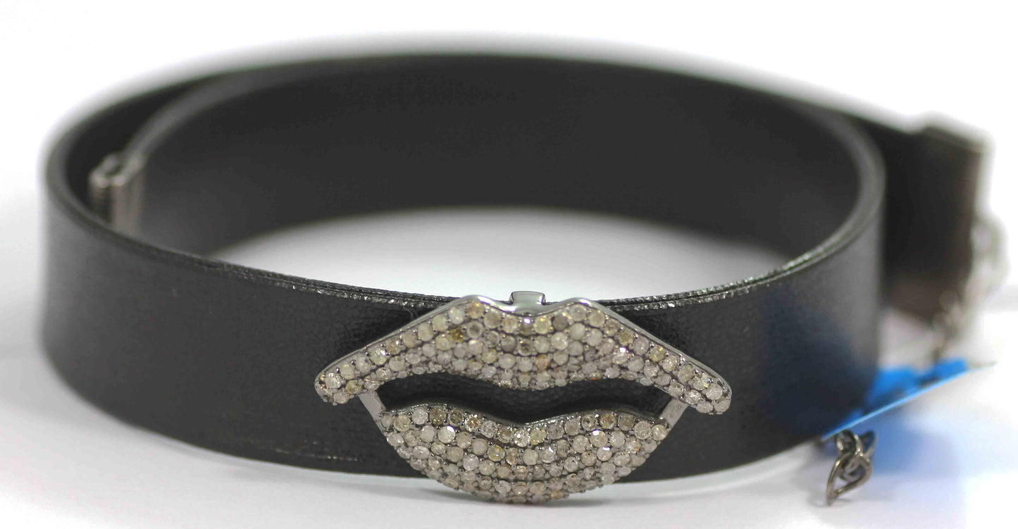 Lips Shape Leather Choker Necklaces With Pave Diamond. 925 Oxidized Sterling Silver Diamond necklaces, Genuine handmade pave diamond necklaces.
