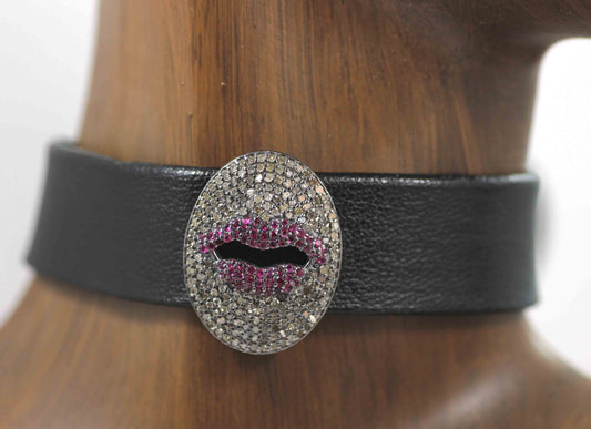 Leather Choker Necklaces With Pave Diamond. 925 Oxidized Sterling Silver Diamond necklaces, Genuine handmade pave diamond necklaces.