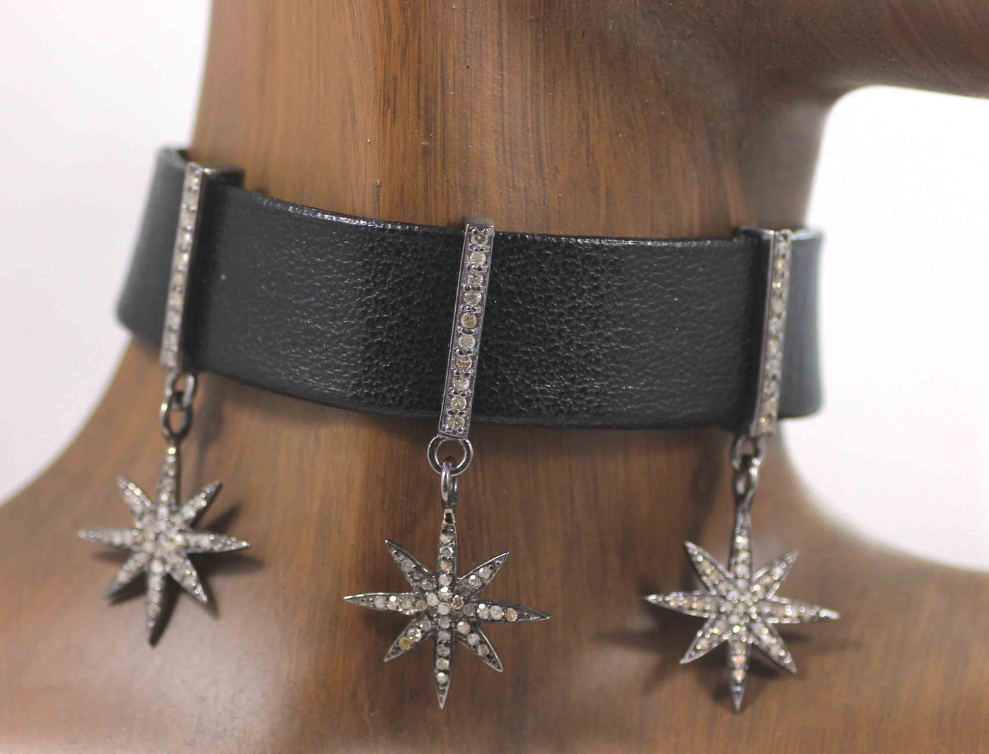 Star Leather Choker Necklaces With Pave Diamond. 925 Oxidized Sterling Silver Diamond necklaces, Genuine handmade pave diamond necklaces.
