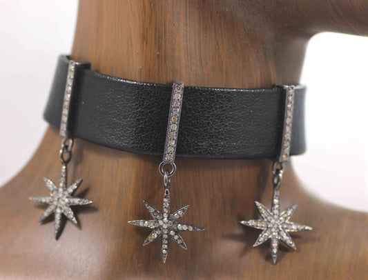 Star Leather Choker Necklaces With Pave Diamond. 925 Oxidized Sterling Silver Diamond necklaces, Genuine handmade pave diamond necklaces.