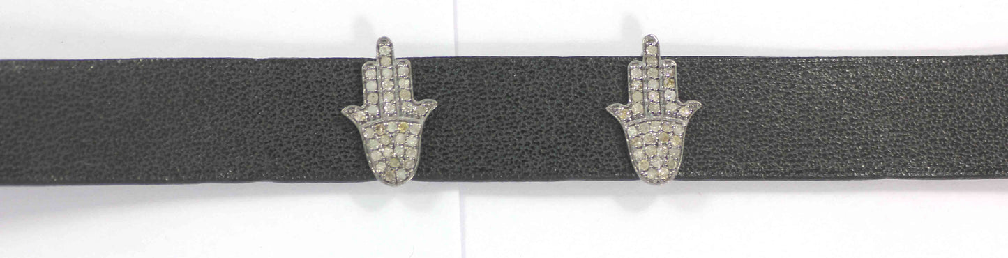 Hamsa Hand Shape Leather Choker Necklaces With Pave Diamond. 925 Oxidized Sterling Silver Diamond necklaces, Genuine handmade pave diamond necklaces.