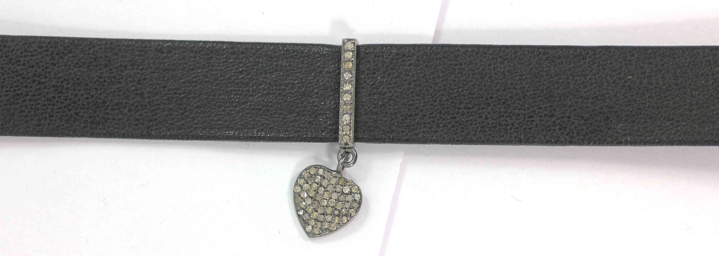 Heart Shape Leather Choker Necklaces With Pave Diamond. 925 Oxidized Sterling Silver Diamond necklaces, Genuine handmade pave diamond necklaces.